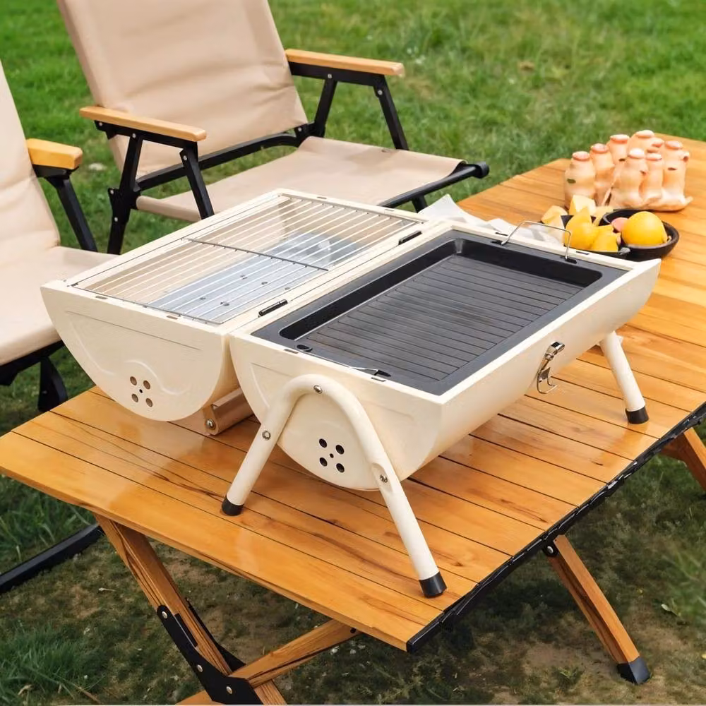VOGREX Cream Foldable Double Sided Barrel Charcoal Tabletop BBQ Grill – 3