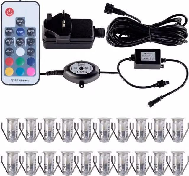 First Choice Lighting Set of 20 Colour Changing RGB LED Decking Lights, 15mm, Silver Stainless Steel, IP67 Waterproof with Dusk Sensor and Remote Control – 1