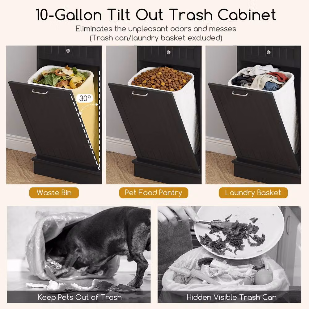 Costway Double Tilt Out Trash Cabinet with Hutch Kitchen Pantry Storage Cabinet in Black – 7