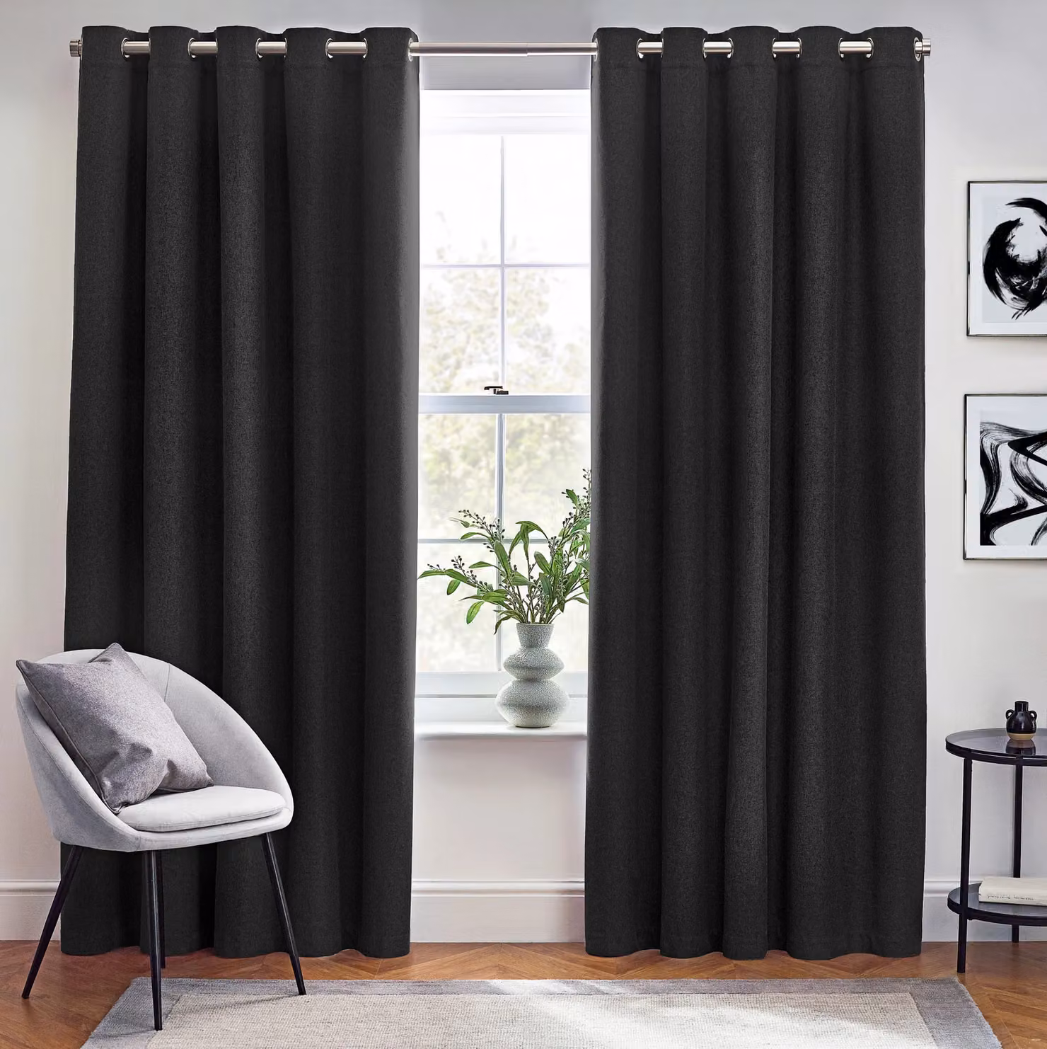 Furn Dawn Blackout Eyelet Curtain Pair in Black, W: 168 cm, H: 137 cm – 2