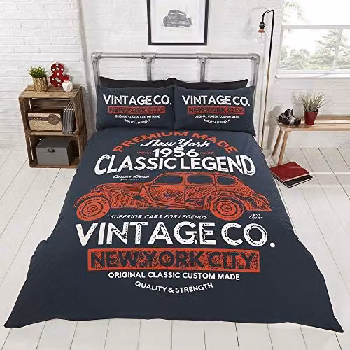 Rapport Home Vintage Graphic Duvet Cover and Pillowcase Set in Blue, Black and White, W/D/H: 180 x 200 cm, Pillowcase: 50 x 75 cm – 1