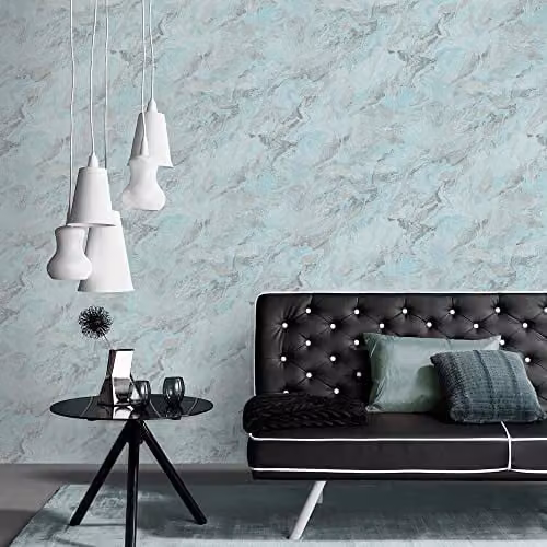 Erismann 10318-18 Non-Woven Marble Look Wallpaper in Blue, White and Silver Metallic