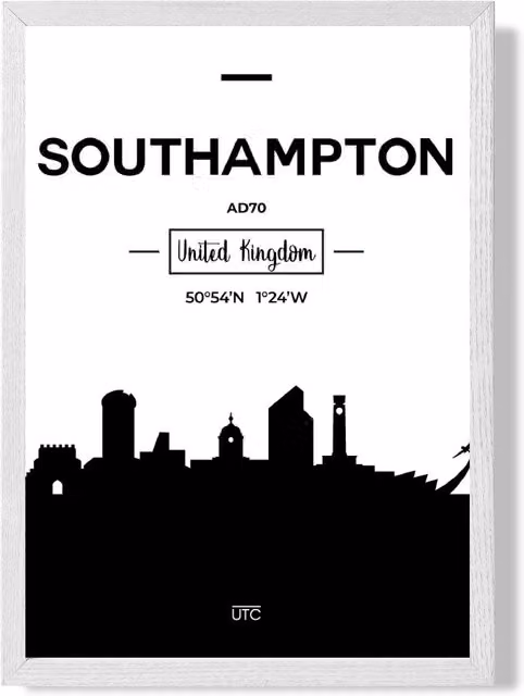 ARTZE Southampton Black and White City Skyline Framed Print in White Frame, A3