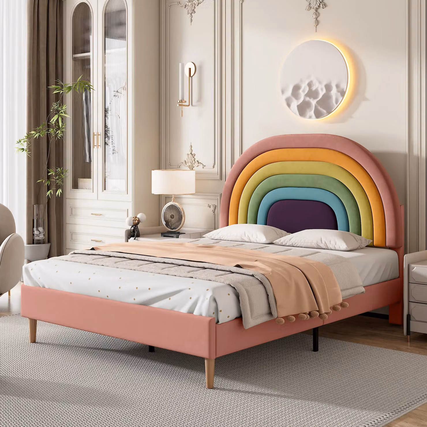 Matteo Luxurious Upholstered Velvet Double Bed in Pink, W/D/H: 135 x 190 cm – 2