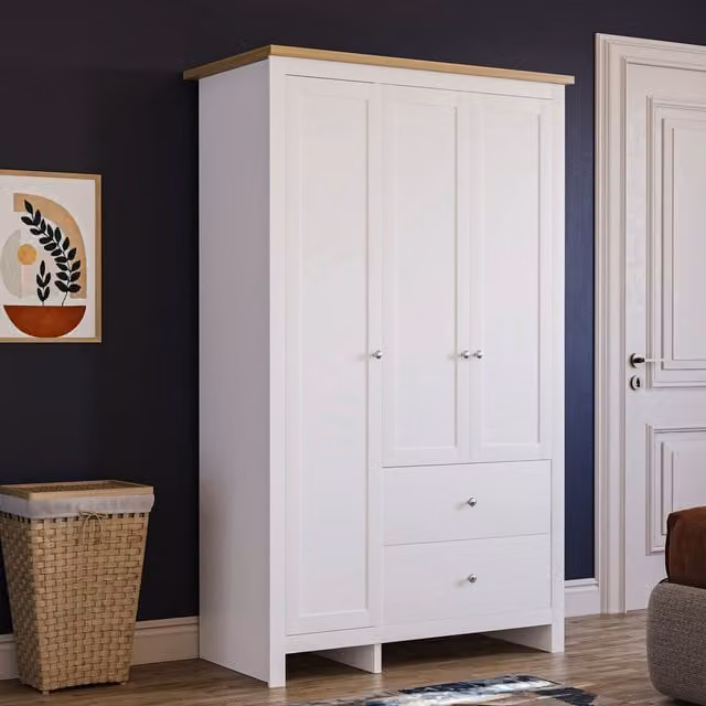 Vida Designs Modern White 3 Door 2 Drawer Wardrobe with Hanging Rod
