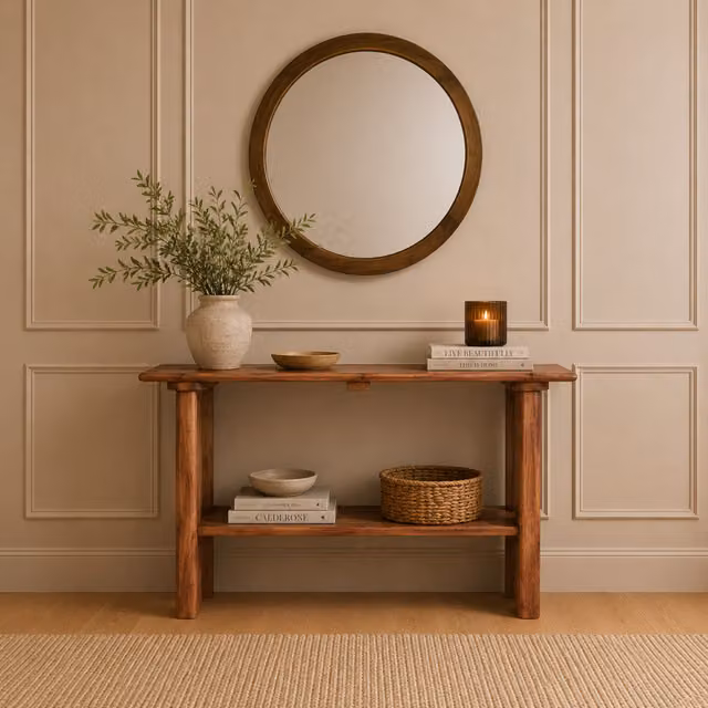 Elm Home And Garden Rustic Solid Mango Wood Console Table with Shelf in Brown