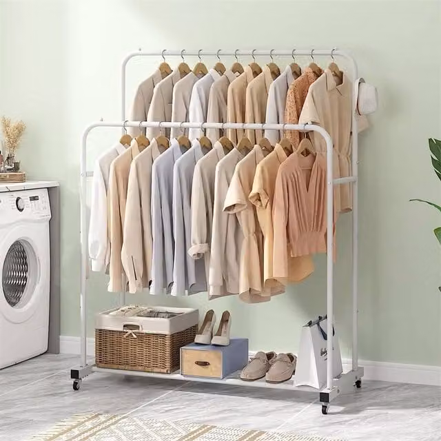 EONLION Metal Double Rod Clothes Rail in White, W/D/H: 50 x 50 x 131 cm