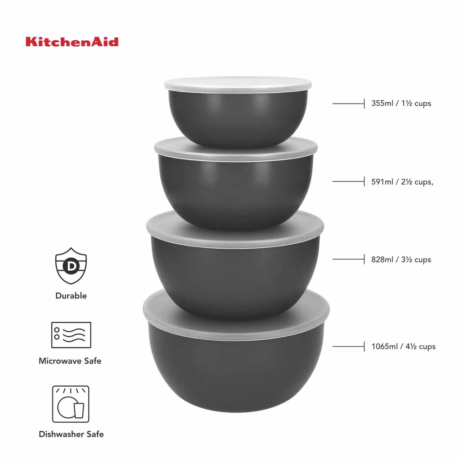 KitchenAid 4pc Nestable Meal Prep Bowls Set with Snap Lids in Grey – 4