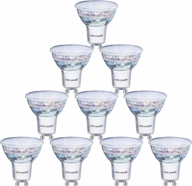 Paul Russells 10 Pack GU10 LED Cool White Bulbs, 4.5W, Transparent/White