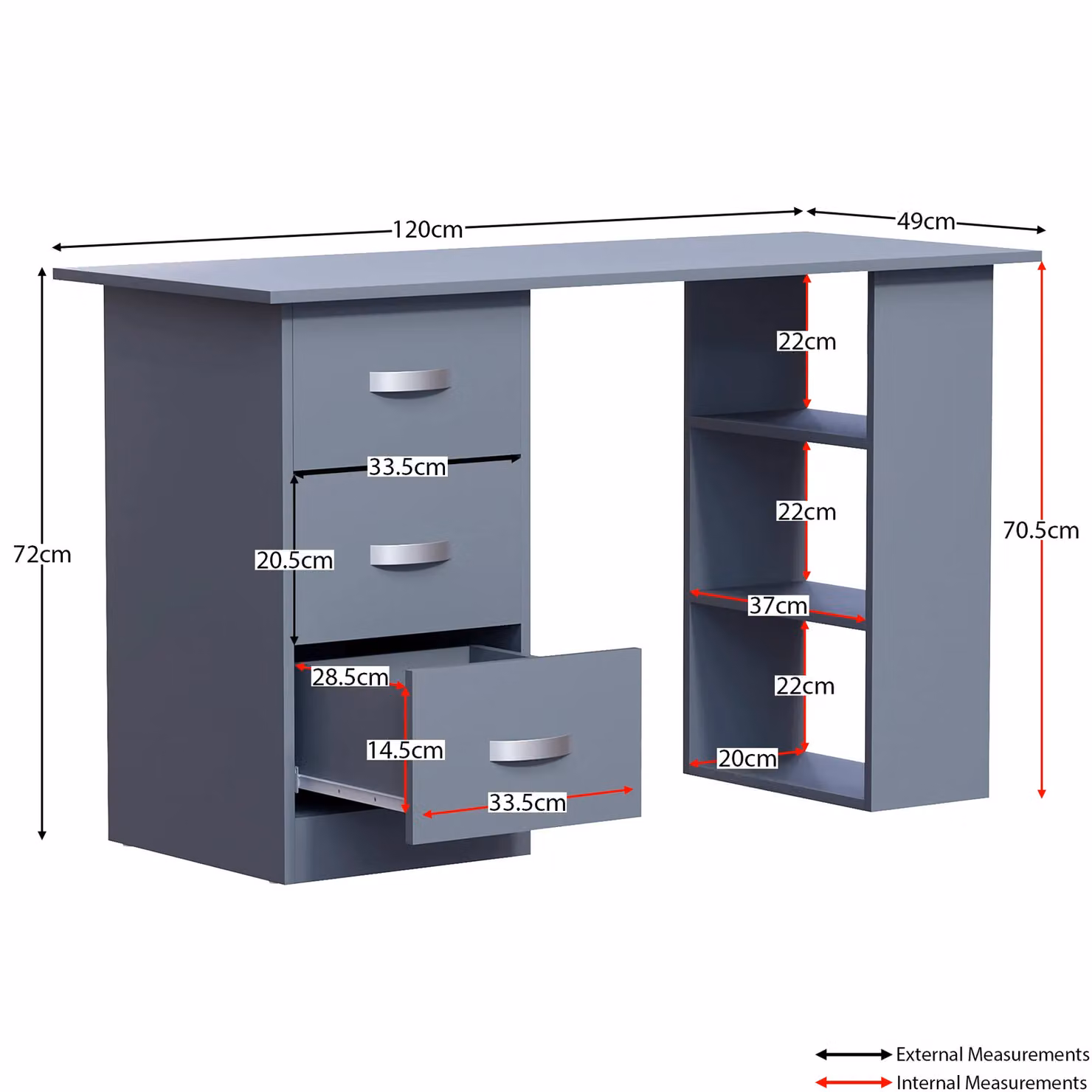Vida Designs Mason Computer Desk with 3 Drawers and 3 Shelves in Grey – 2