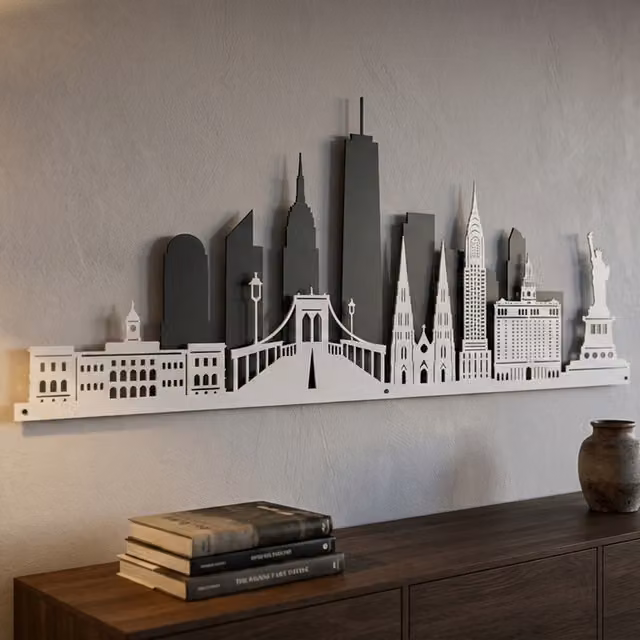 Laser Hut New York Skyline Metal Wall Art in Grey and White