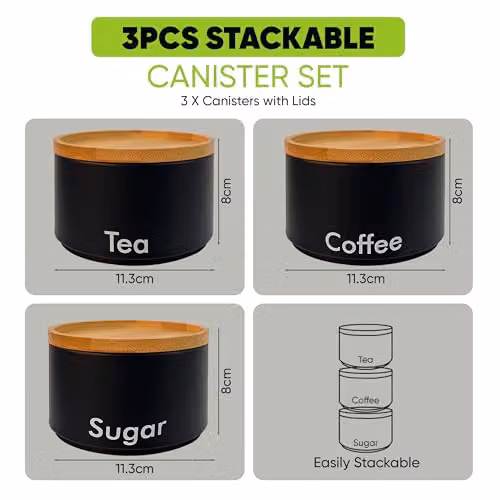 MantraRaj 3-Piece Black Metal Tea, Coffee and Sugar Canister Set with Airtight Bamboo Lids – 2