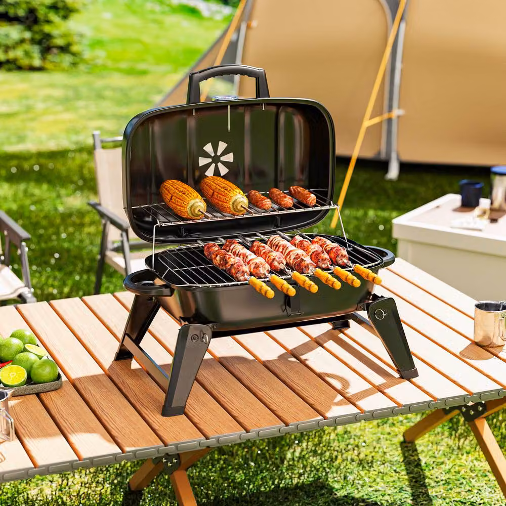 Rolipo Black Folding Charcoal Kettle BBQ Grill with Thermometer and Warming Rack – 4