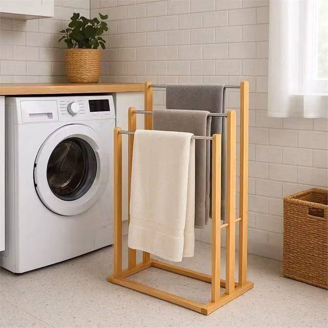 Havendro Bamboo Free Standing Bathroom Towel Rack in Brown, W/D/H: 46.0 x 24.0 x 84.0 cm – 1