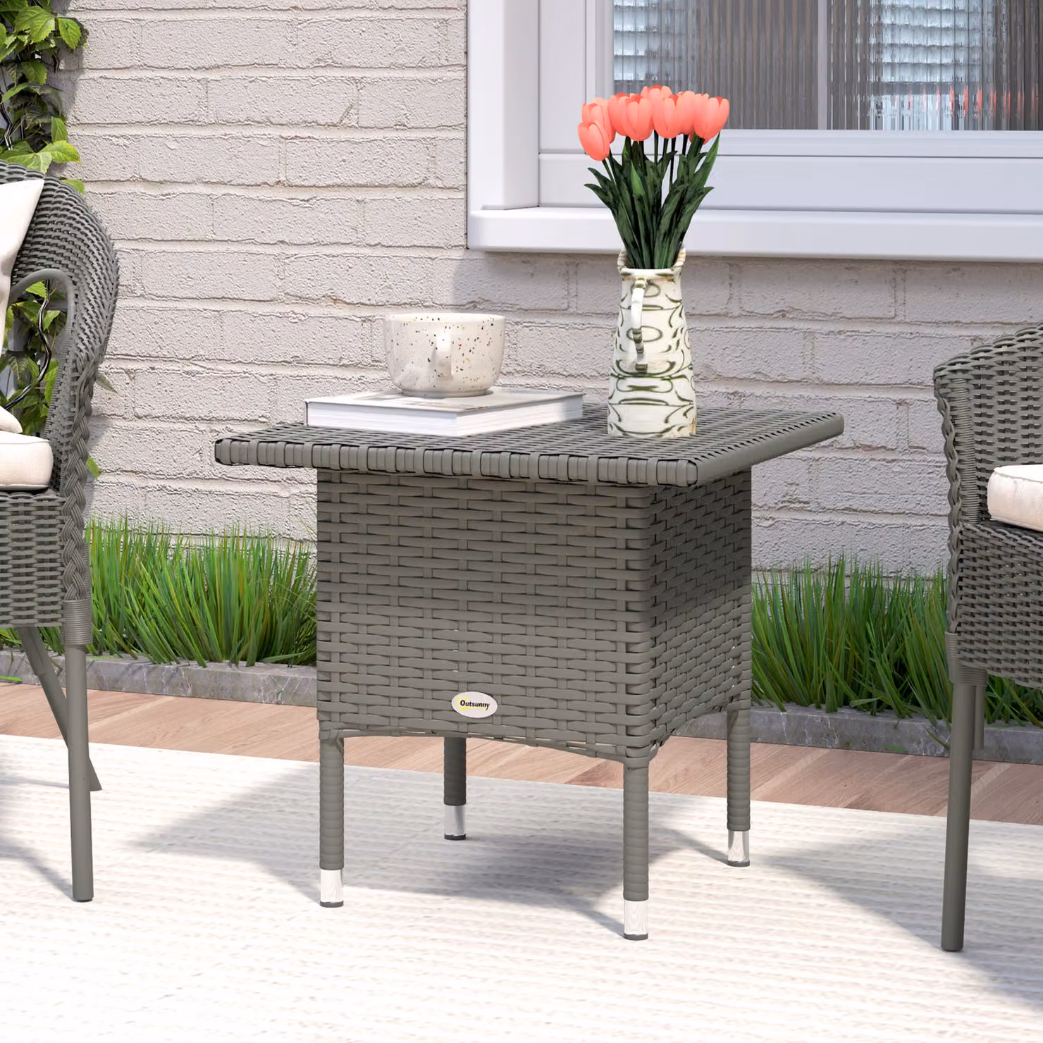 Outsunny Grey Rattan Side Table for Garden, Balcony or Terrace – 2