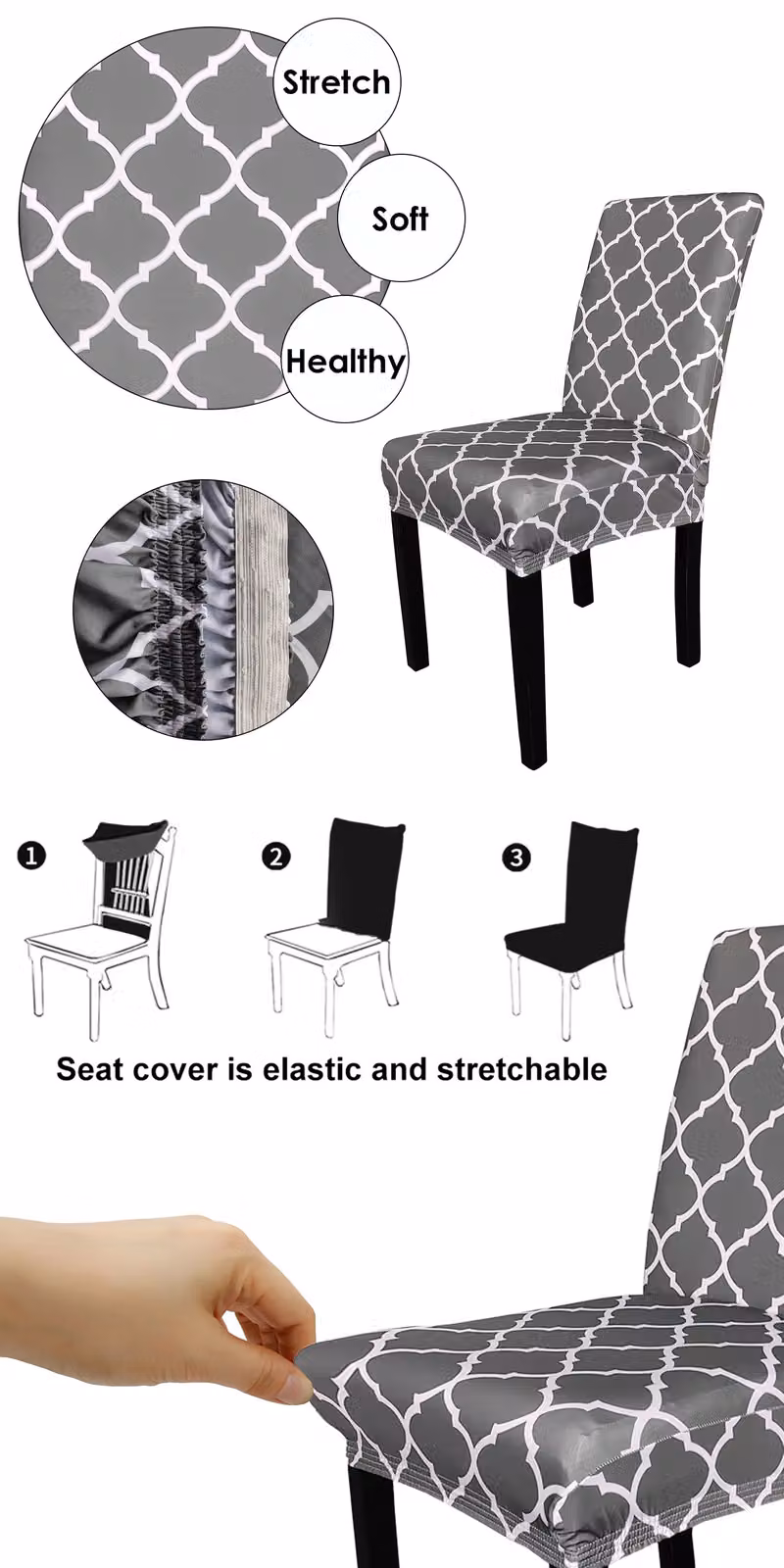 Neel Blue Spandex Dining Chair Cover with Grey Trellis Pattern – 2