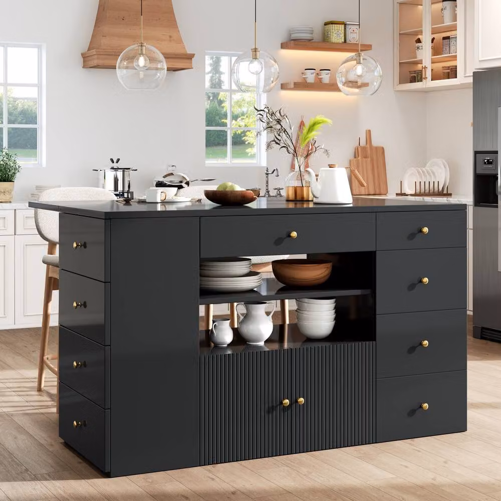 Rolipo Kitchen Island with Stools and 6 Drawers, White/Black/Gold, Width: 140 cm – 4