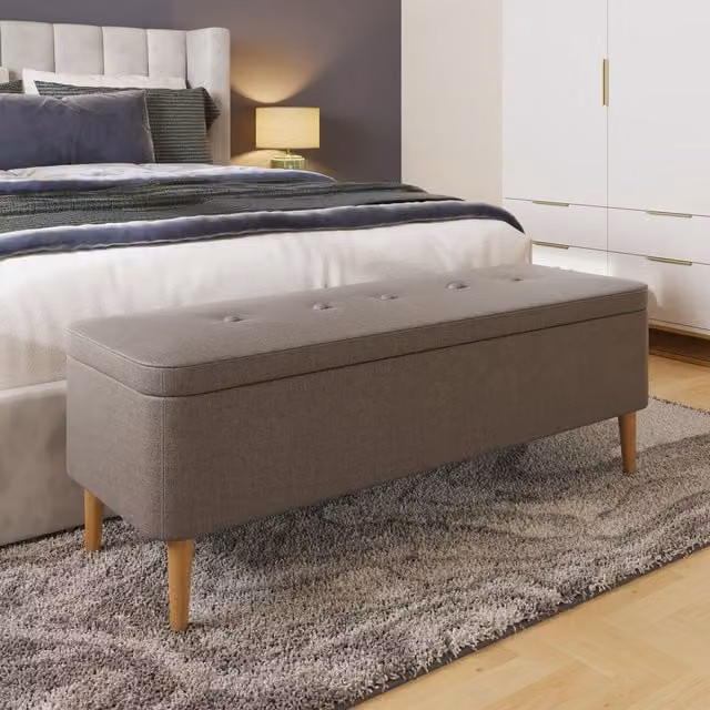 FWStyle Grey Linen Ottoman Storage Bench with Solid Wooden Legs