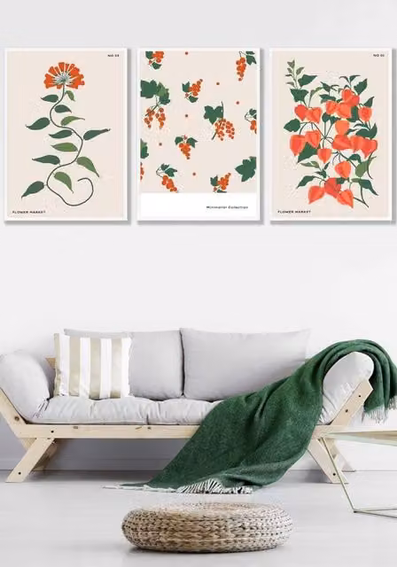ARTZE Set of 3 Vintage Orange Flower Market Botanical Wall Art with White Frames, W: 33 cm, H: 45 cm, D: 2 cm