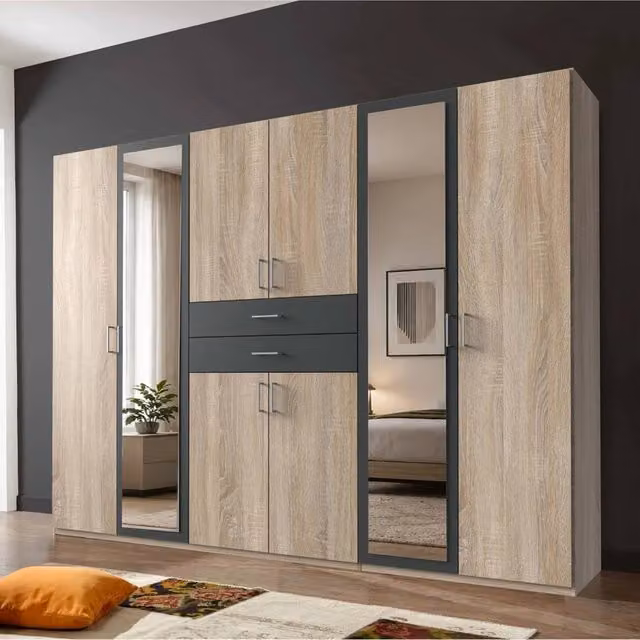 KDMD Greenwich Graphite 6 Door Mirrored Wardrobe in Brown and Grey, W/D/H: 270 x 58 x 210 cm