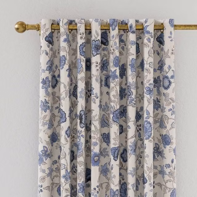 Joules Indienne Blue and Silver Floral Blackout Eyelet Curtains, H 228.6 cm x W 228.6 cm
