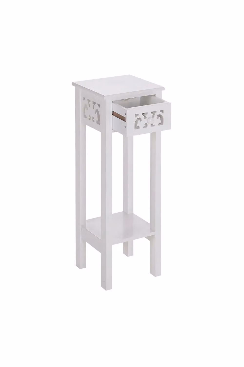 Living and Home French Style 2-Tier Slim Wood Accent Side Table with Drawer and Shelf in White – 4