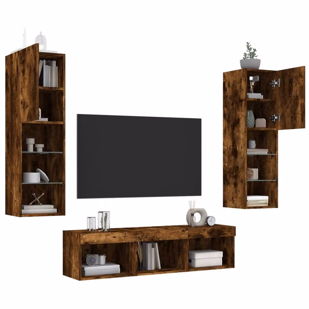 Berkfield Home 5 Piece Modern TV Wall Unit Set in Smoked Oak and Brown with Integrated LED Lighting – 4