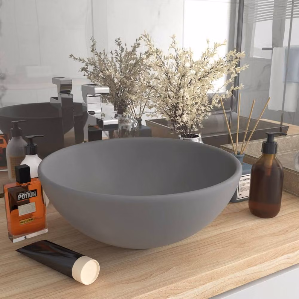 Berkfield Home Luxury Round Ceramic Bathroom Basin in Matt Light Grey, W: 32.5 cm, H: 14 cm – 2