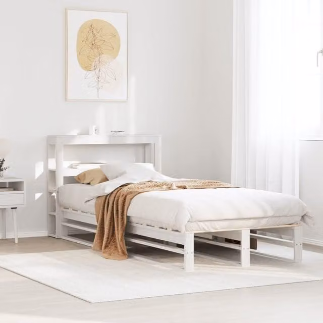 Berkfield Home Small Single Solid Wood Pine Bed Frame in White with Side Compartments and Bedside Shelf