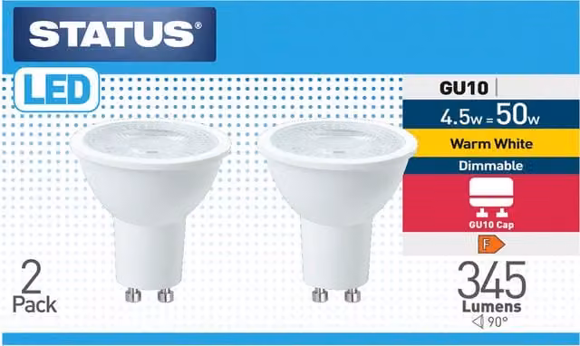 Status Pack of 2 Warm White Dimmable 4.5W GU10 LED Lightbulbs
