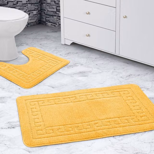 Velosso Greek Key Non-Slip Bathmat and WC Pedestal Mat Set in Yellow