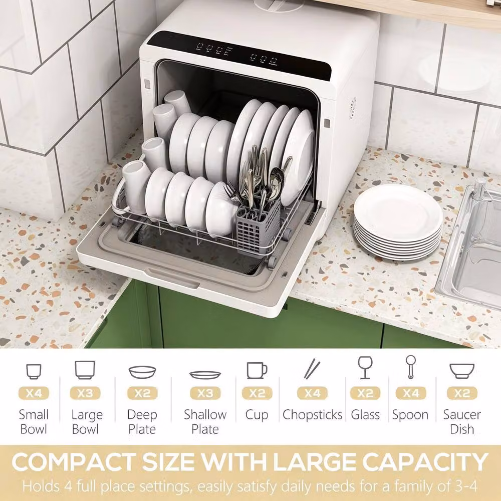 STILVORA Tabletop Dishwasher with 6L Tank Capacity and 5 Wash Programmes, White – 5
