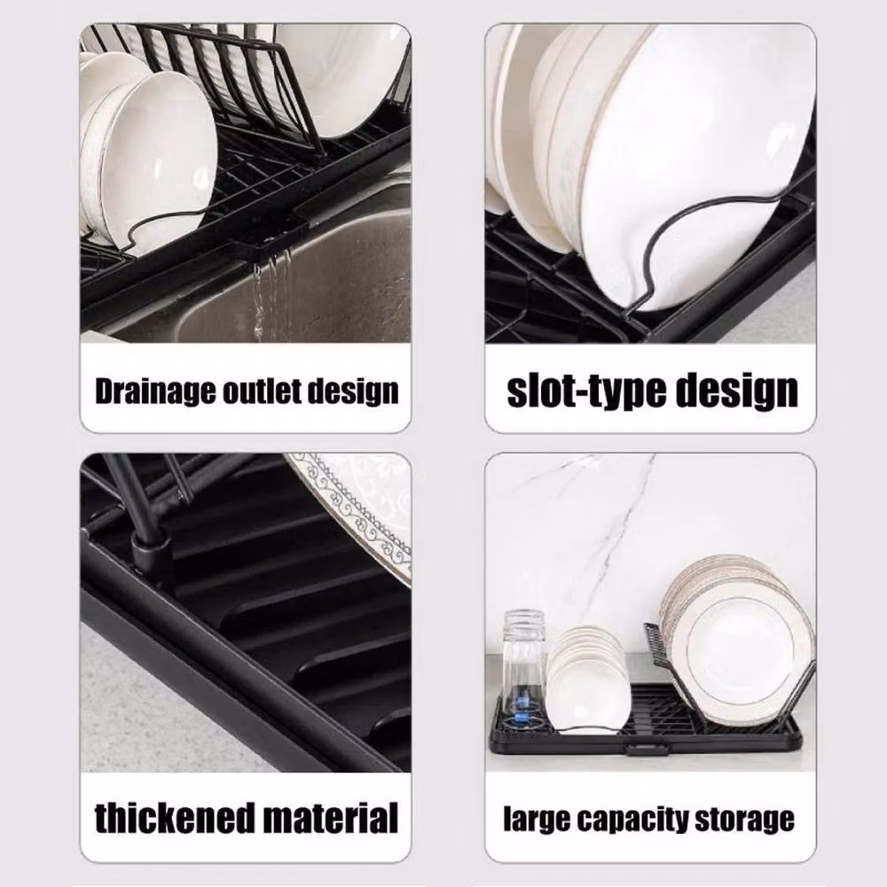 FLAVORA Large Dish Drainer Drying Rack and Utensil Holder in Black Carbon Steel – 5