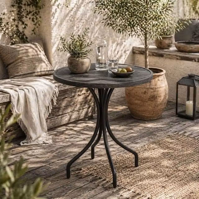 Wyld Haus Nari Round Slatted Garden Table in Grey Matt Steel, Diameter: 66 cm, Height: 71.5 cm – 1