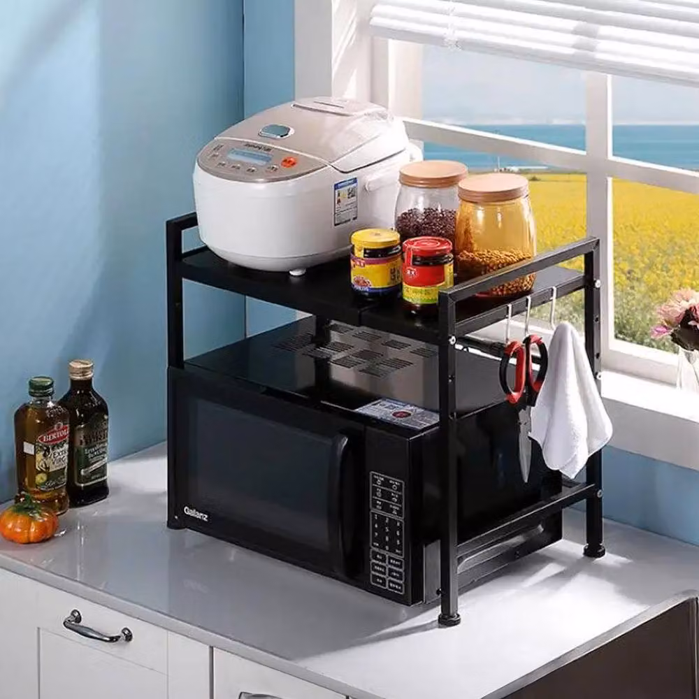 Living and Home 2-Tier Expandable Metal Microwave Oven Rack with Hooks, Black – 4