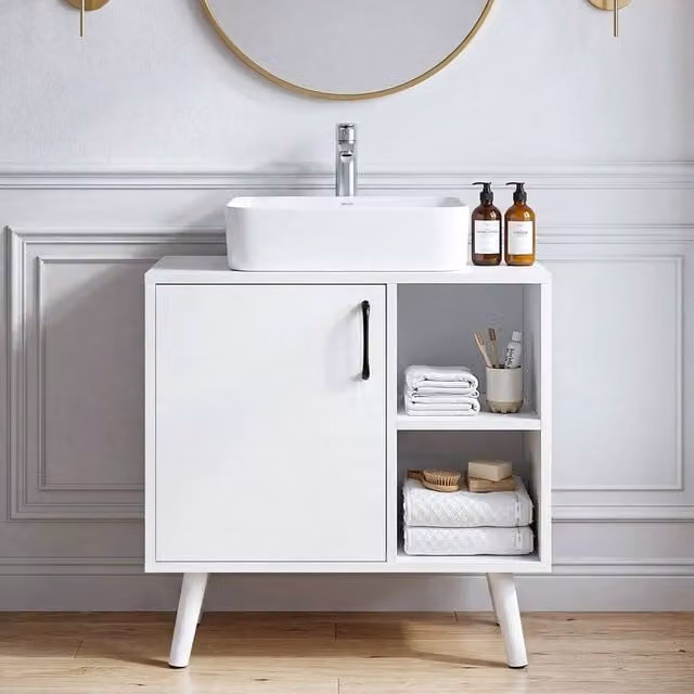 NESTLUNE White Under Sink Bathroom Basin Unit with Hinged Doors and Open Shelf Storage