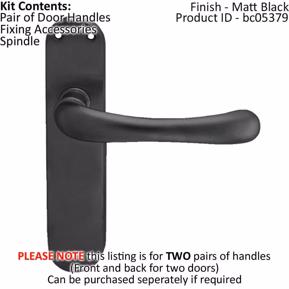 Loops 2x Pair Smooth Rounded Handle on Shaped Latch Backplate, Matt Black, W: 18.5 cm, H: 4.2 cm – 2