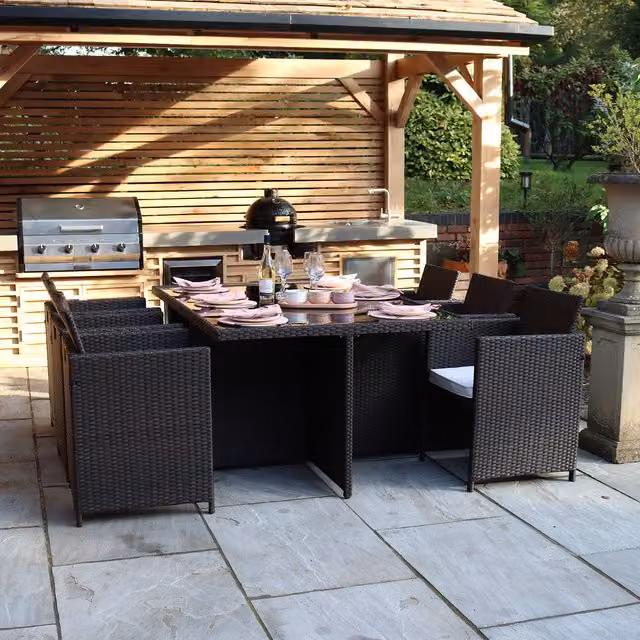 Royalcraft Nevada KD Cube Dining Set in Brown with Glass Top Table and 6 Folding Backrest Cube Chairs