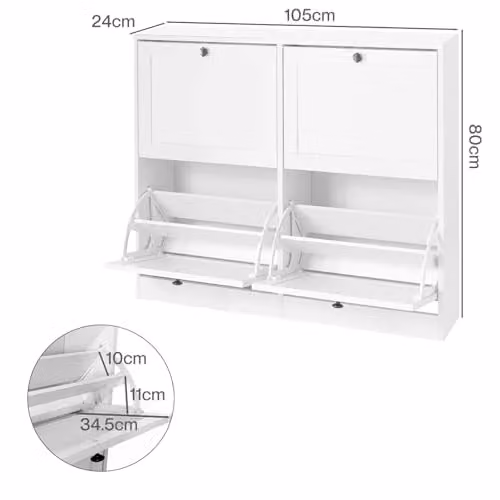 Levede White Scandinavian Slim Shoe Storage Cabinet with Tilting Compartments and Internal Shelves, W/D/H: 80 x 24 x 105 cm – 2
