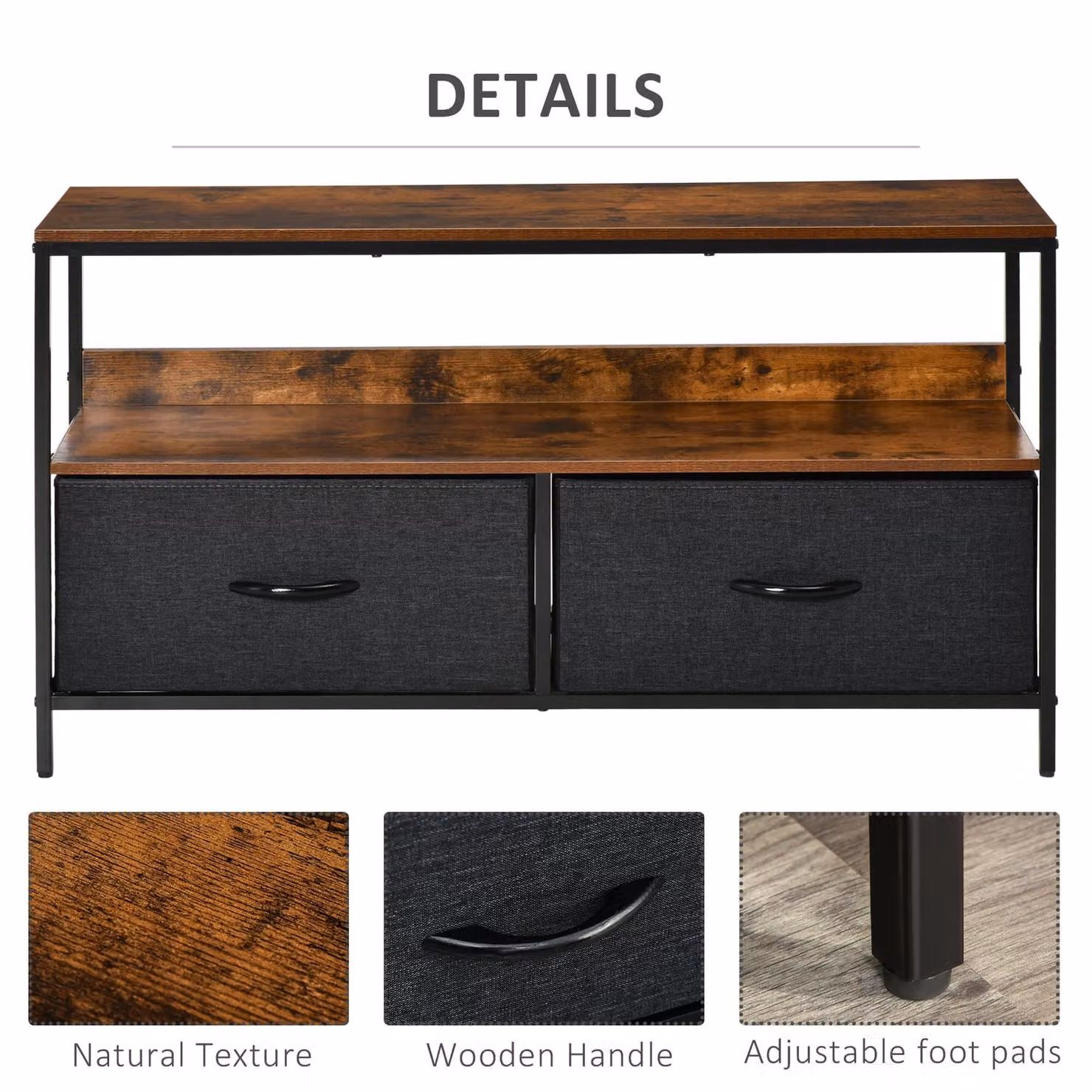 HOMCOM TV Cabinet with 2 Foldable Linen Drawers and Shelving in Rustic Brown – 5