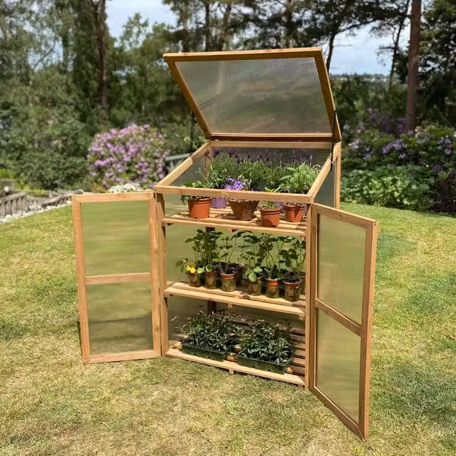Brown Wooden Framed Pent Polycarbonate Mini Greenhouse with Shelving