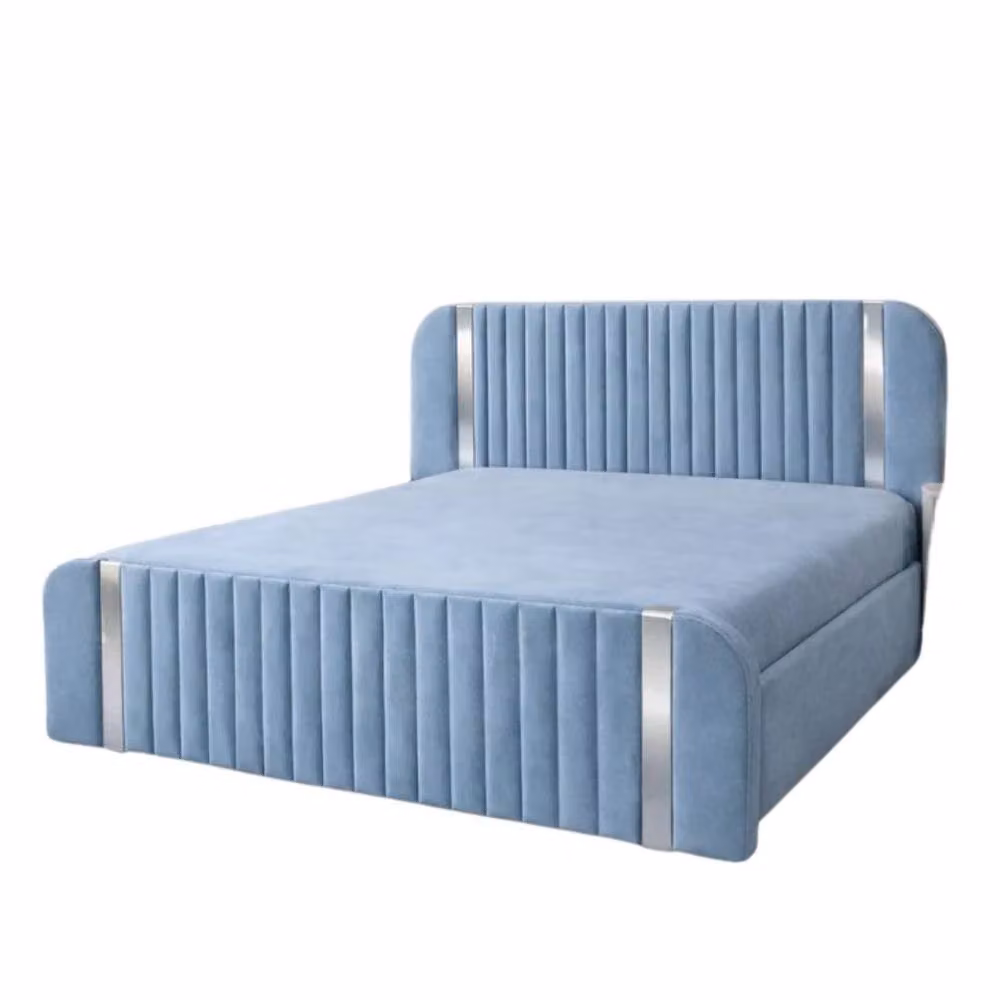 Stratus Interiors Aura Rounded Panel Ottoman Bed Frame in Blue Velvet with Silver Accents, Super King, W: 180 cm x D: 200 cm – 2