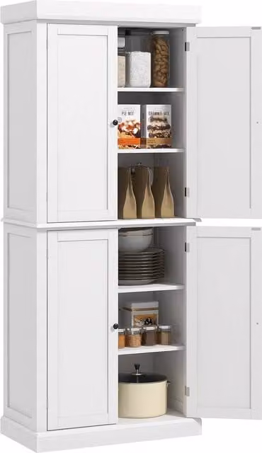 HOMCOM Freestanding 6-Tier Kitchen Cupboard Organizer with Hinged Doors in White