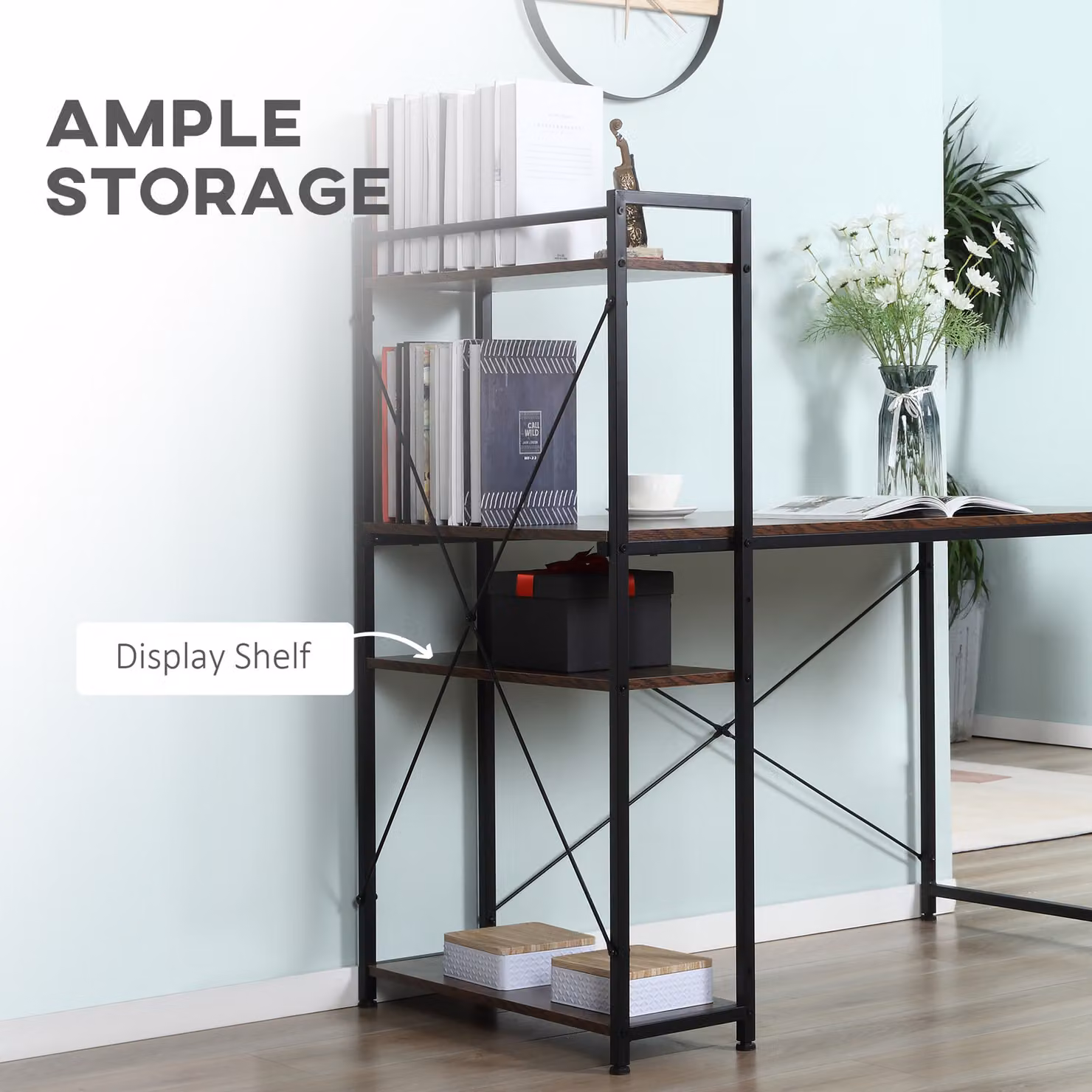 HOMCOM Modern Computer Desk with 4-Tier Bookshelf and Metal X-Frame, Rustic Brown and Black – 4