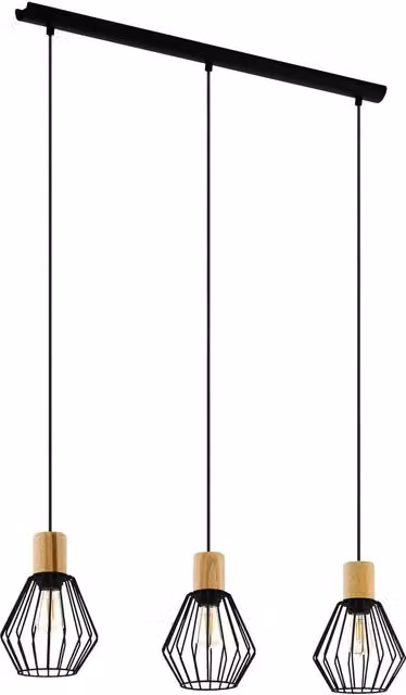 Loops Industrial Hanging Ceiling Pendant Light in Black and Wood with 3x E27 Bulb Sockets – 1