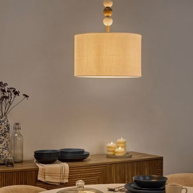 Wyld and Coco Mid-Century Suspended Pendant Lamp with Beige Fabric Drum Shade and Metal Frame – 1