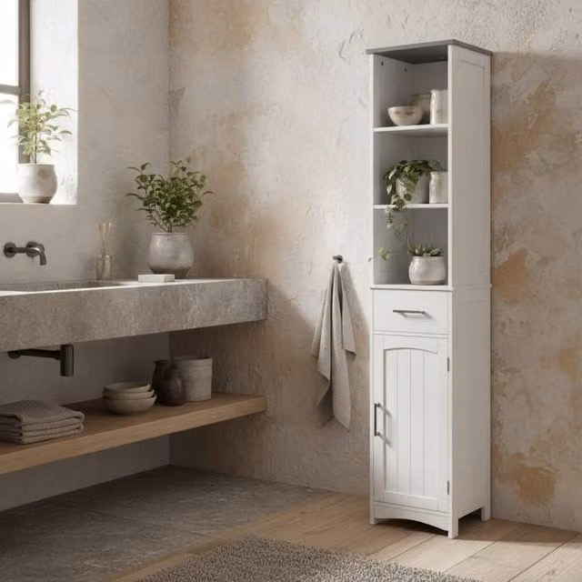 Wyld Haus Noka Tall Slim Wall Mounted Bathroom Linen Cabinet in White and Grey, Height: 163 cm