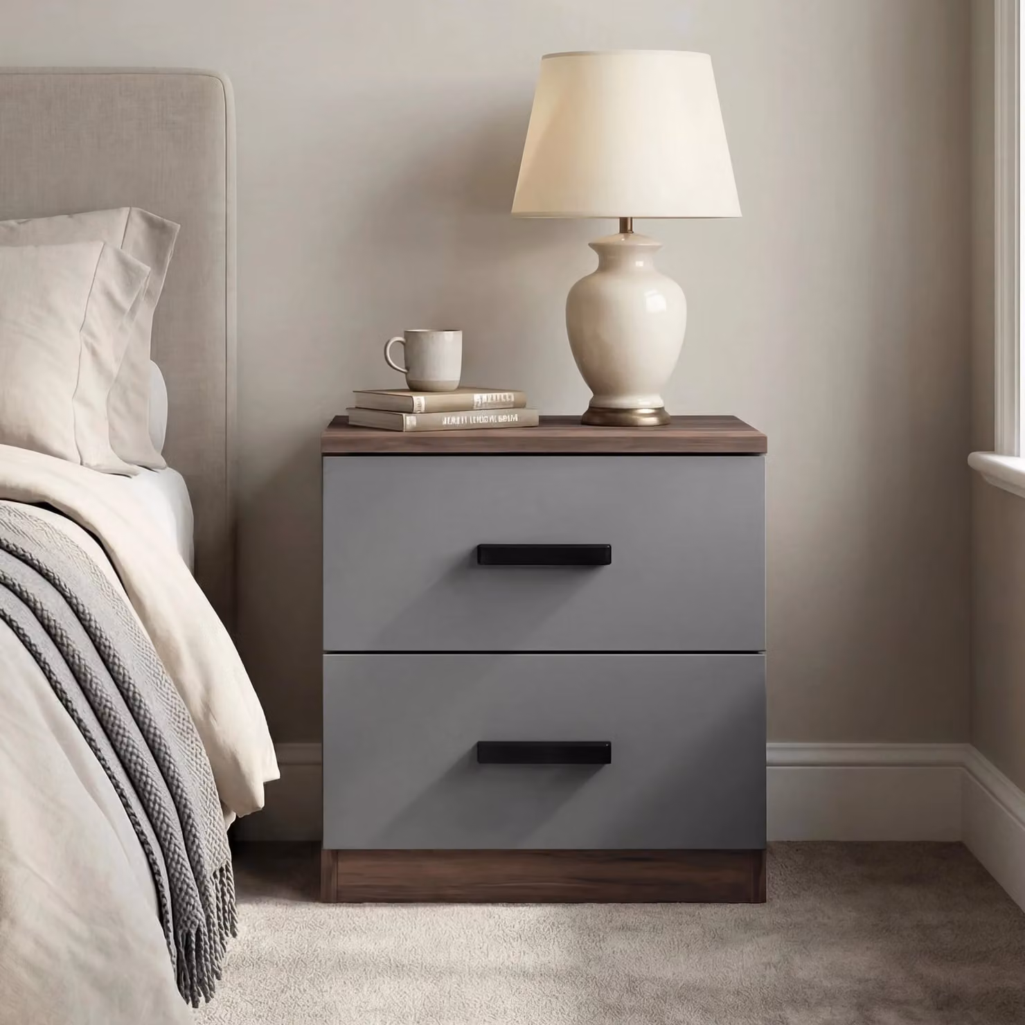 DHS Blythe Minimalist 2 Drawer Bedside Table in Brown and Grey, W/D/H: 40 x 40 x 45 cm