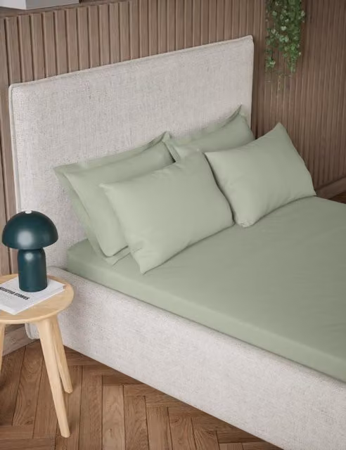 M&S Pure Cotton 300 Thread Count Fitted Sheet, Green, W: 200 cm x L: 200 cm
