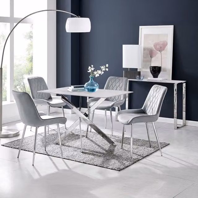 FurnitureboxUK Leonardo White Glass Marble Effect Dining Table with 4 Pesaro Chairs in Grey and Silver